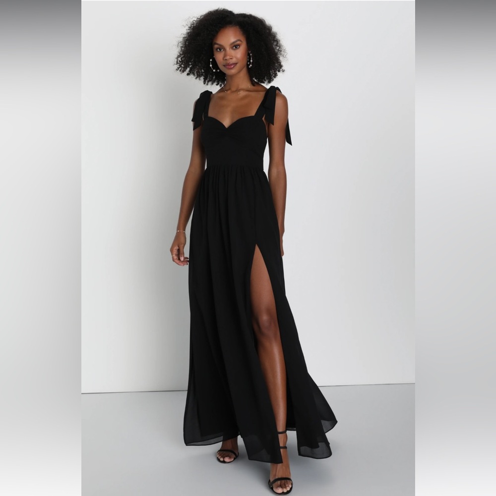 Radiant Charisma Black Chiffon Ruched Tie-Strap Maxi Dress NWT